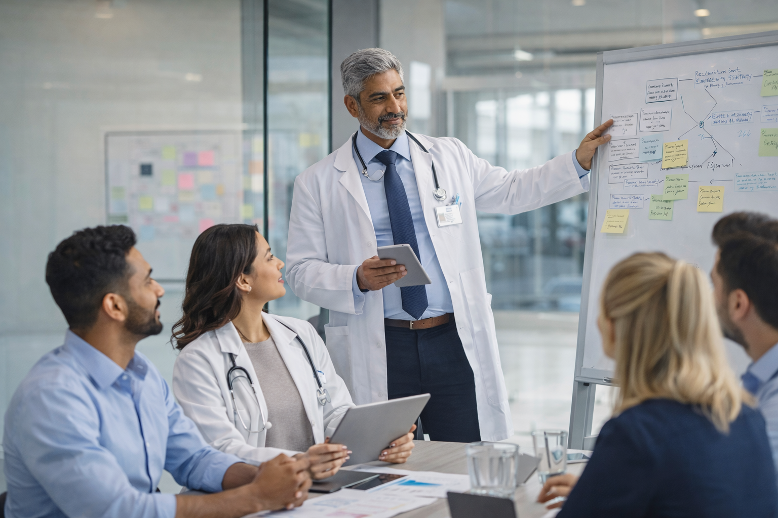 Medical team collaborating around a whiteboard